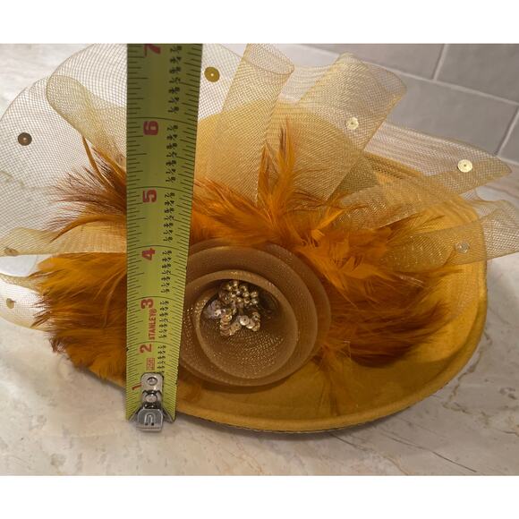 Vintage Deborah New York Mustard Yellow Wool Hat, Feathers, Beading, Church - Picture 10 of 13